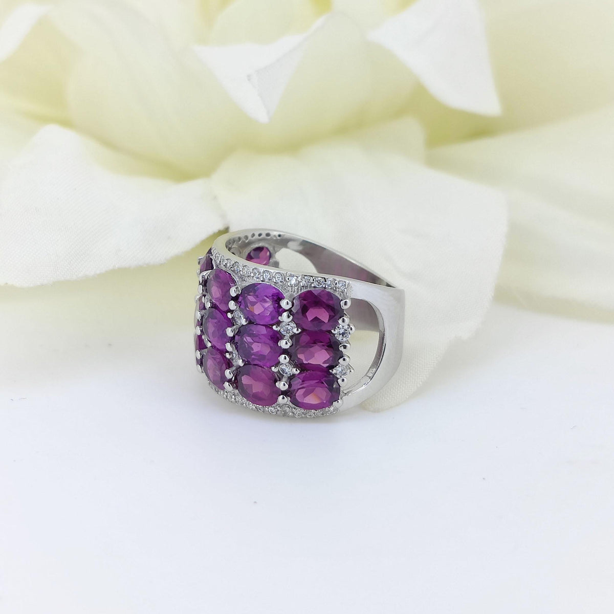 Rhodolite Garnet Half Eternity Ring: Oval Gemstone, Sterling Silver