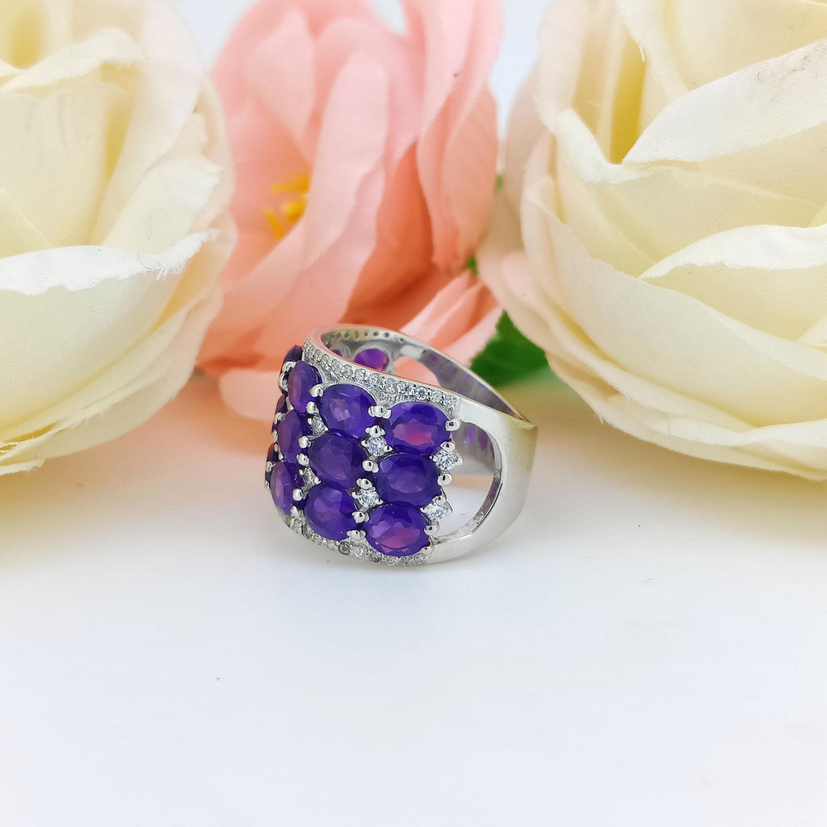 Natural African Amethyst Ring-925 Sterling Silver-Oval Gemstone Ring-February Birthstone Jewelry-Cubic Zircon-Purple Amethyst Jewelry Gift