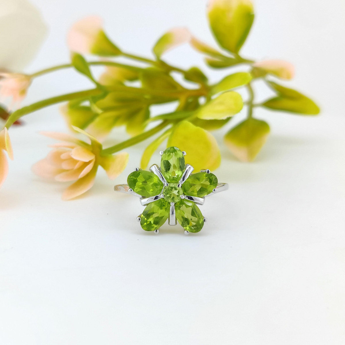 Natural Peridot Flower Ring-925 Sterling Silver -Oval Gemstone-August Birthstone Jewelry