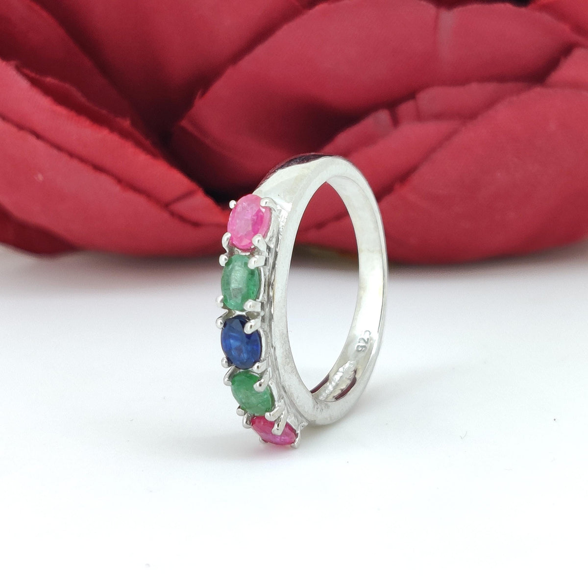 Ruby Sterling Silver Band Ring: Emerald Blue Sapphire Accent - Birthstone Jewelry