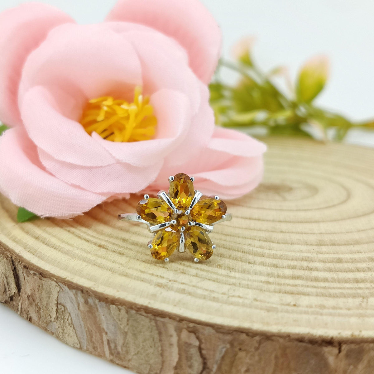 Natural Citrine Flower Ring-925 Sterling Silver Jewelry-November Birthstone-Yellow Citrine Jewelry