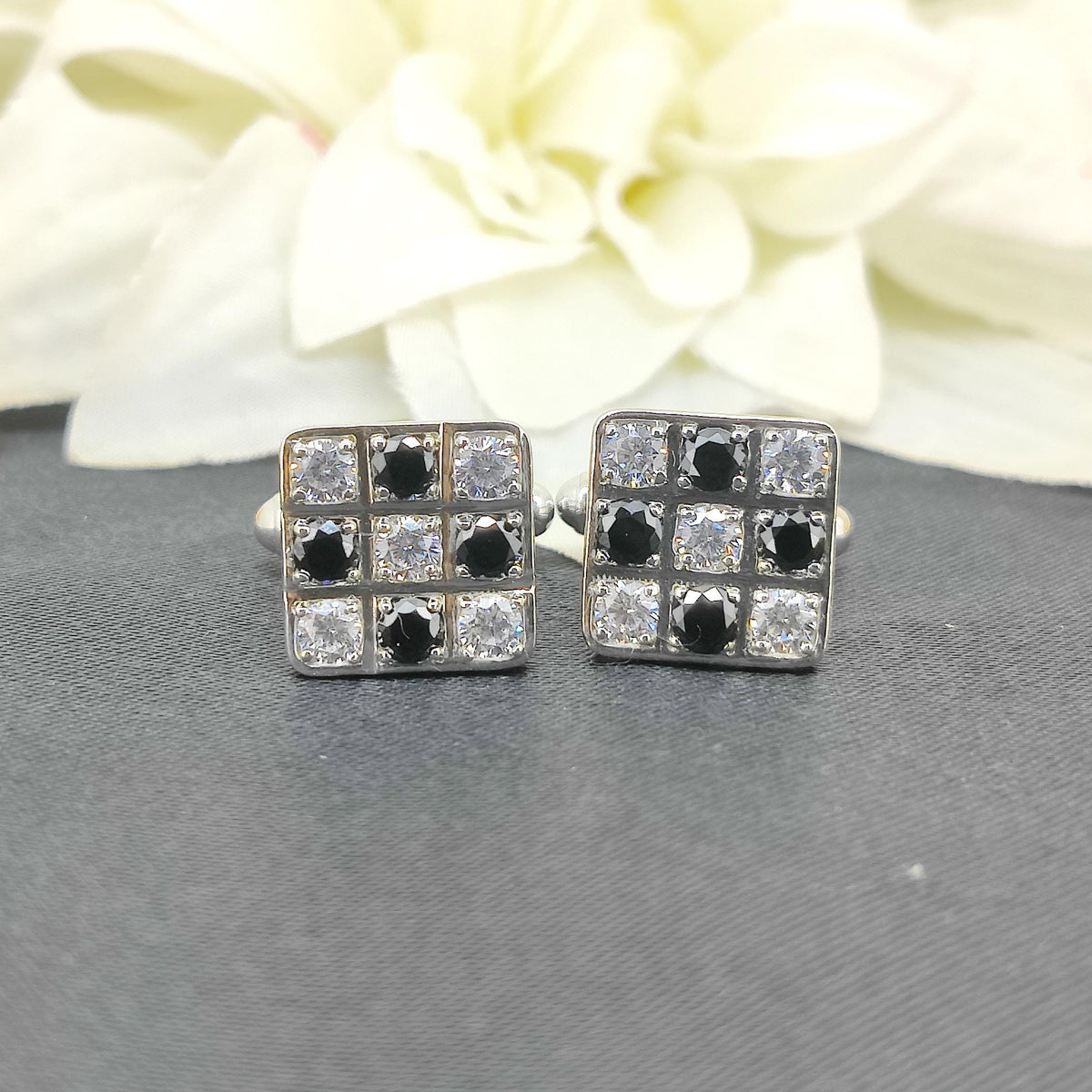 Cubic Zircon Cufflinks-925 Sterling Silver Jewelry-Black & White Zircon-Square Cut Cufflinks-April Birthstone-Formal Wear Men's Accessories