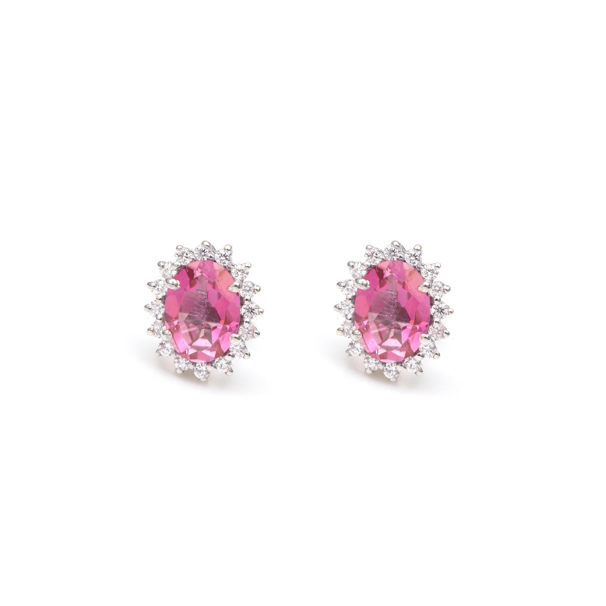 Pink Topaz Sterling Silver Studs: Oval Gemstone CZ Halo Earrings