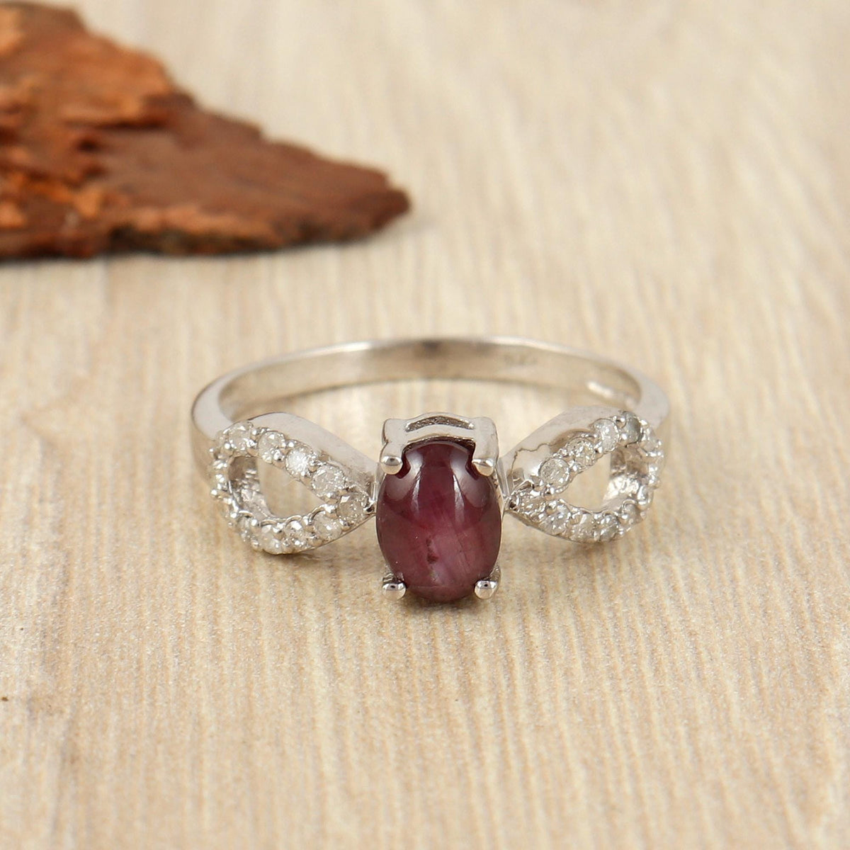 6 Ray Star Ruby & Diamond Ring, Boho Sterling Silver Gemstone Elegant Jewelry