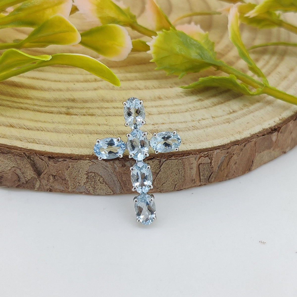 Aquamarine Cross Pendant: Sterling Silver March Birthstone Jewelry