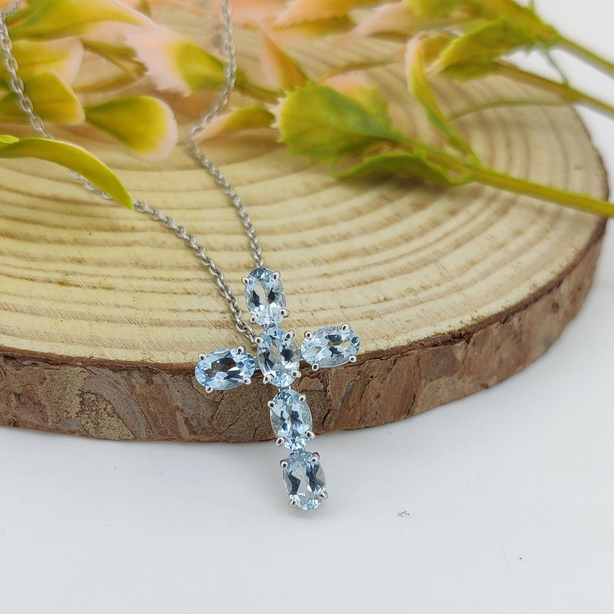 Aquamarine Cross Pendant: Sterling Silver March Birthstone Jewelry