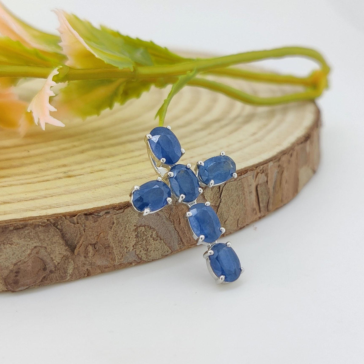 Sapphire Cross Necklace, Sterling Silver Gemstone Pendant