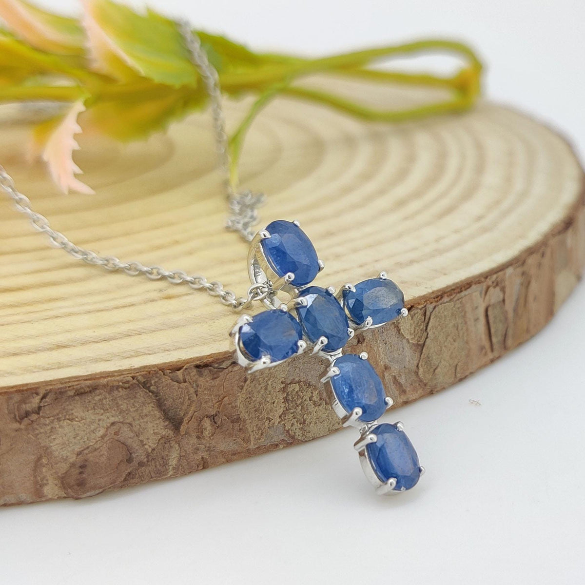 Sapphire Cross Necklace, Sterling Silver Gemstone Pendant