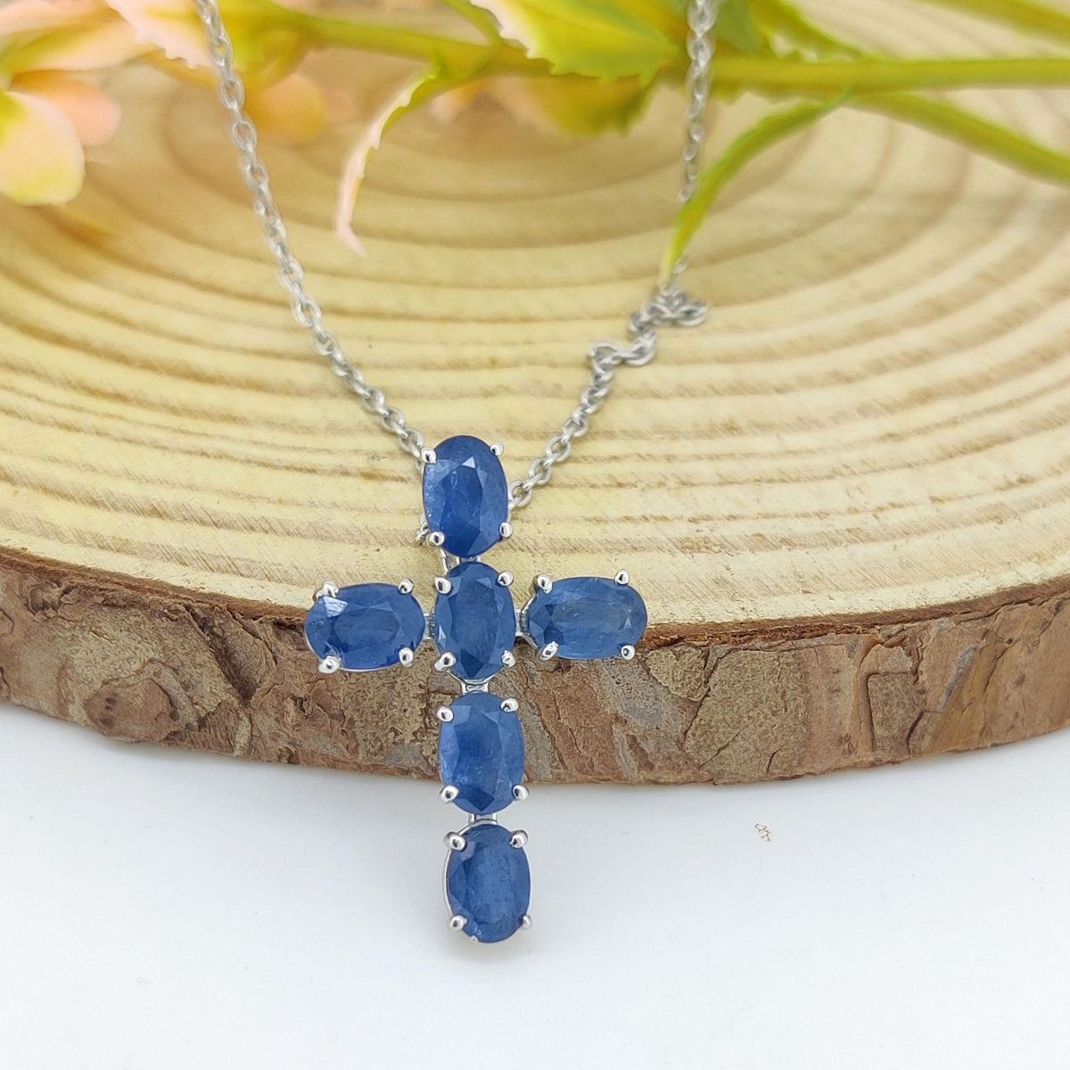 Sapphire Cross Necklace, Sterling Silver Gemstone Pendant