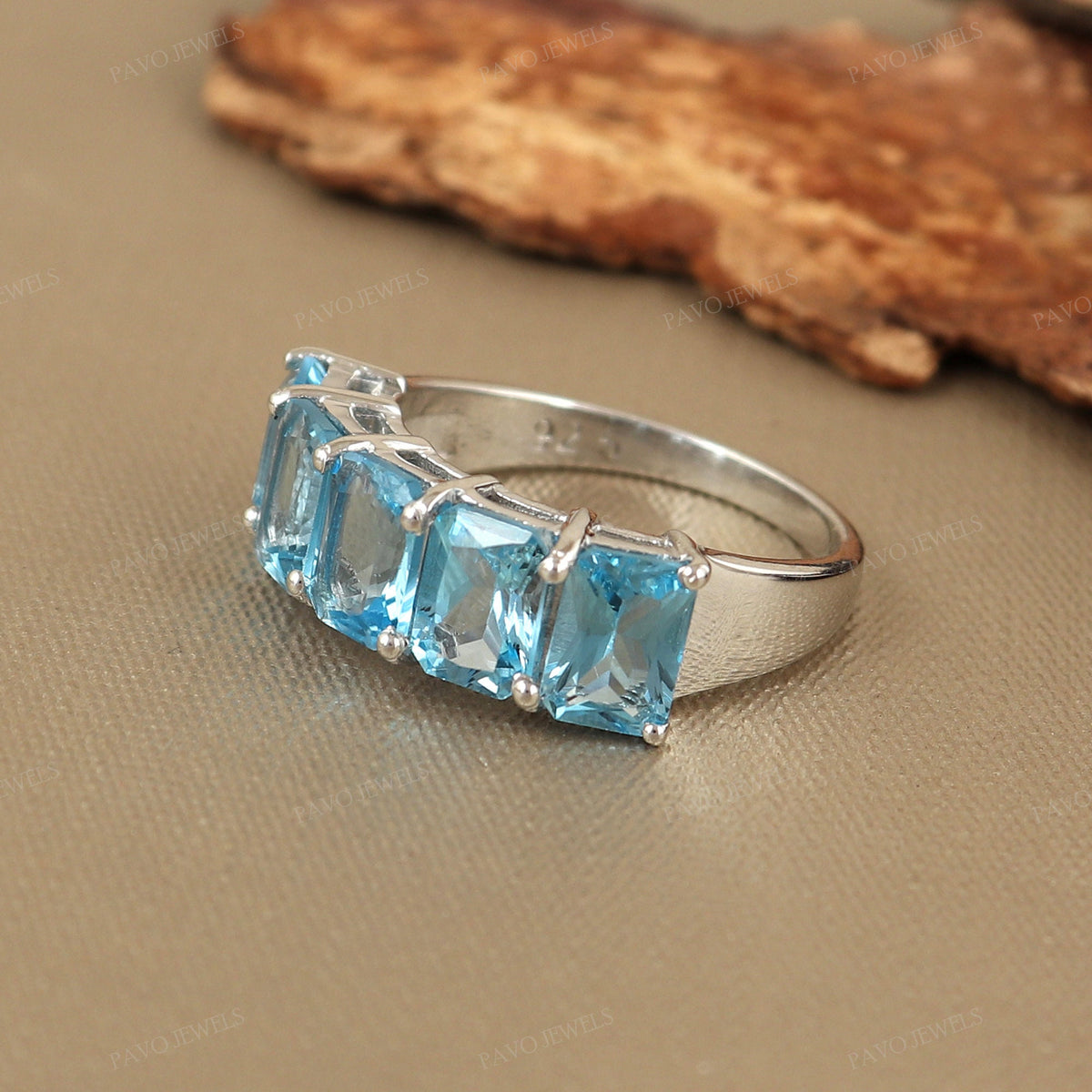 Natural Swiss Blue Topaz Emerald Cut Ring, 925 Sterling Silver Half Eternity Band