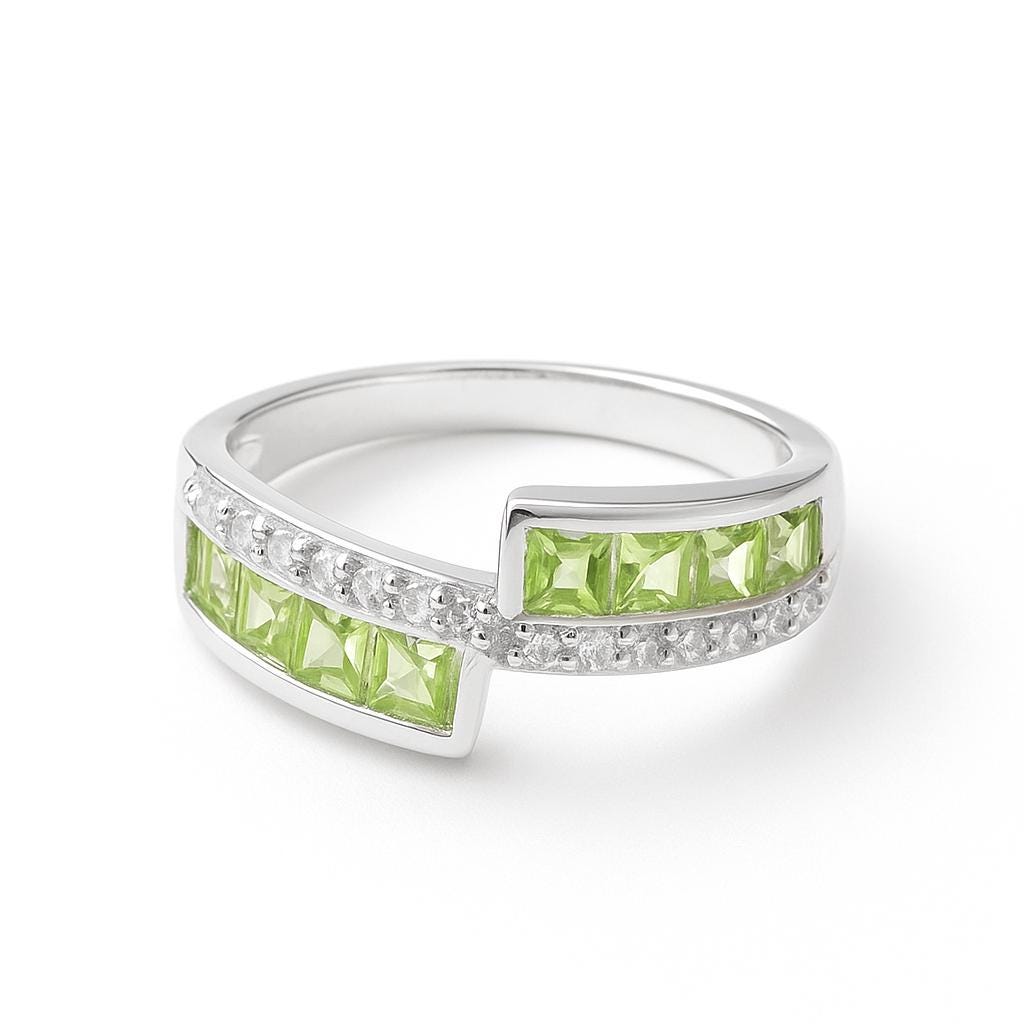 Square Cut Ring, Peridot Vintage Style Sterling Silver Band, Modern Bypass Gemstone, Christmas