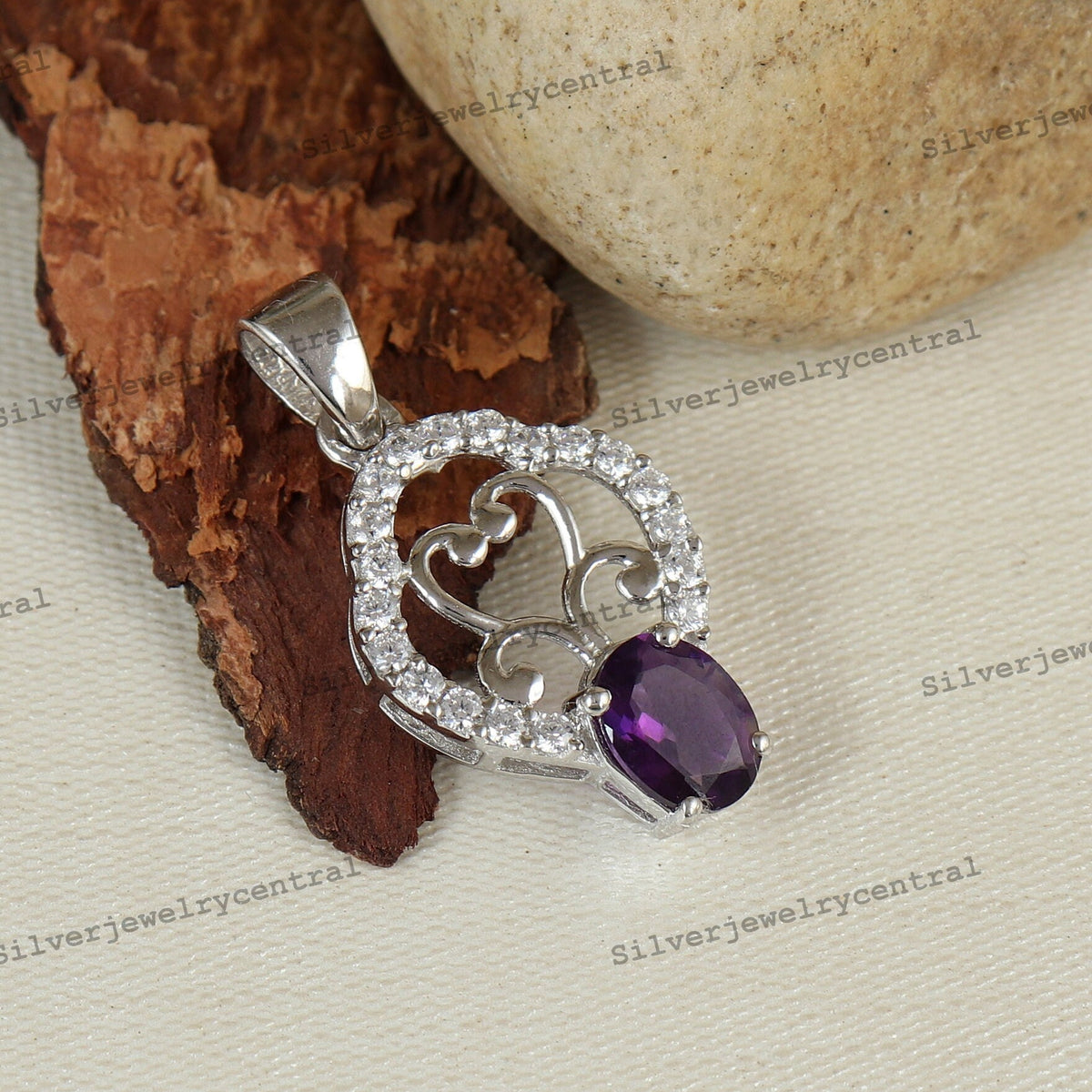 Sterling Silver Amethyst Pendant, February Birthstone, Art Deco Necklace, 8x6mm Oval Stone