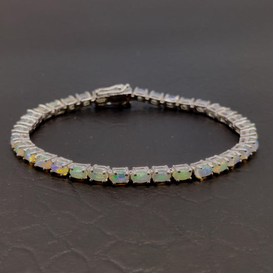 Natural Ethiopian Opal Bracelet, 925 Sterling Silver, Wedding Tennis Bracelet, October Birthstone