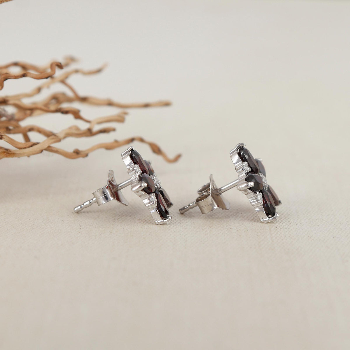 Garnet Flower Stud Earrings: 925 Sterling Silver, January Birthstone