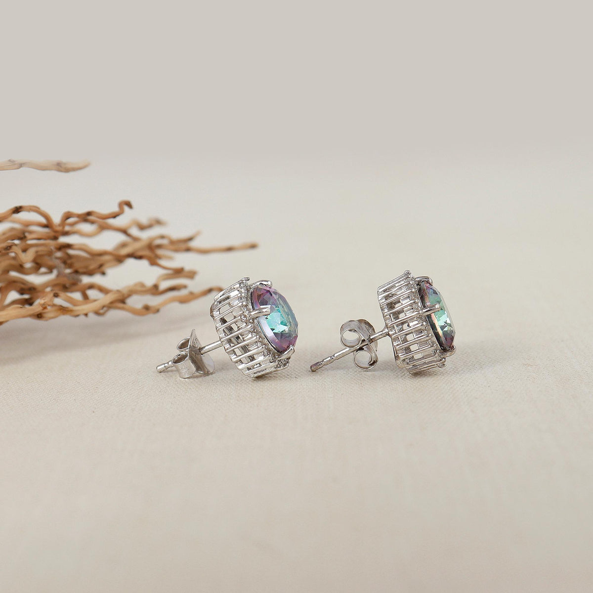 Mystic Quartz Stud Earrings: 925 Sterling Silver, April Birthstone