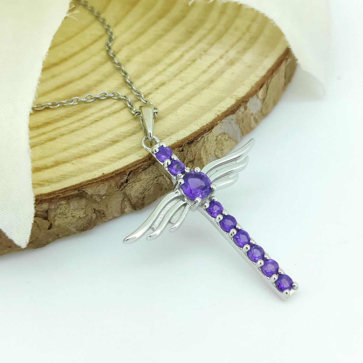 Natural Amethyst Cross Pendant-925 Sterling Silver Jewelry-February Birthstone-Gemstone Feather Pendant-Handmade Jewelry-Gift for Wedding