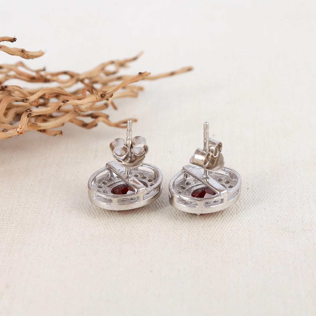 Oval Garnet Sterling Silver Earrings: CZ Diamond Halo, Gift for Her