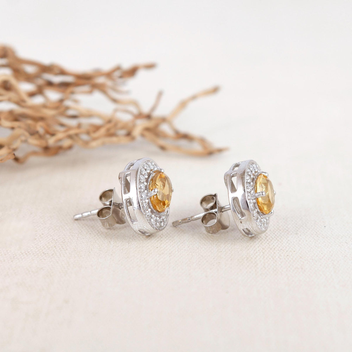 Citrine Sterling Silver Earrings: Oval Halo, November Birthstone