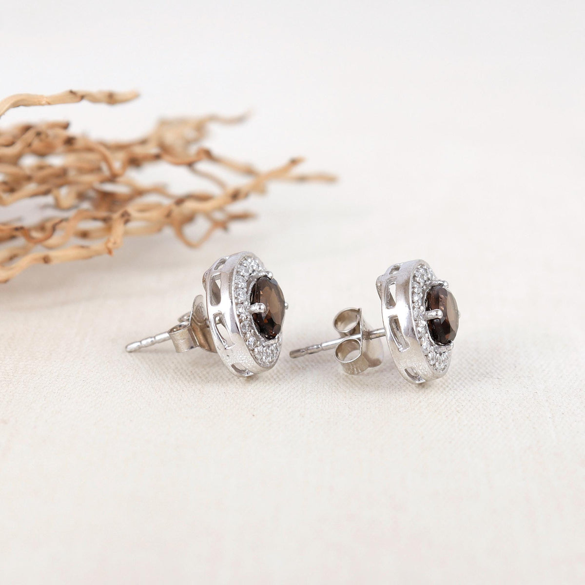 Smokey Quartz Sterling Silver Earrings: Oval Halo, Minimalist Jewelry