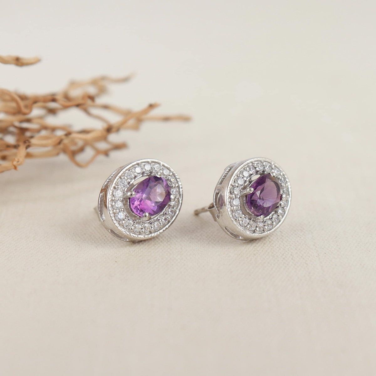 African Amethyst Sterling Silver Stud Earrings: CZ Diamond Halo