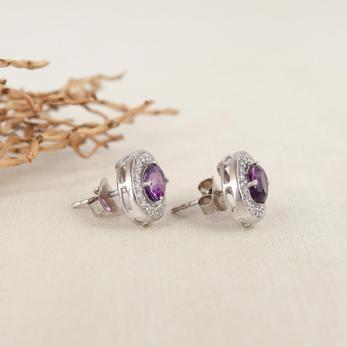 African Amethyst Sterling Silver Stud Earrings: CZ Diamond Halo