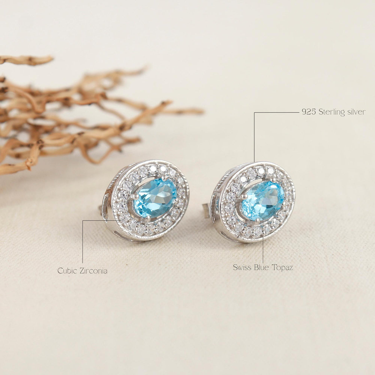 Oval Swiss Blue Topaz Sterling Silver Earrings, CZ Diamond Halo