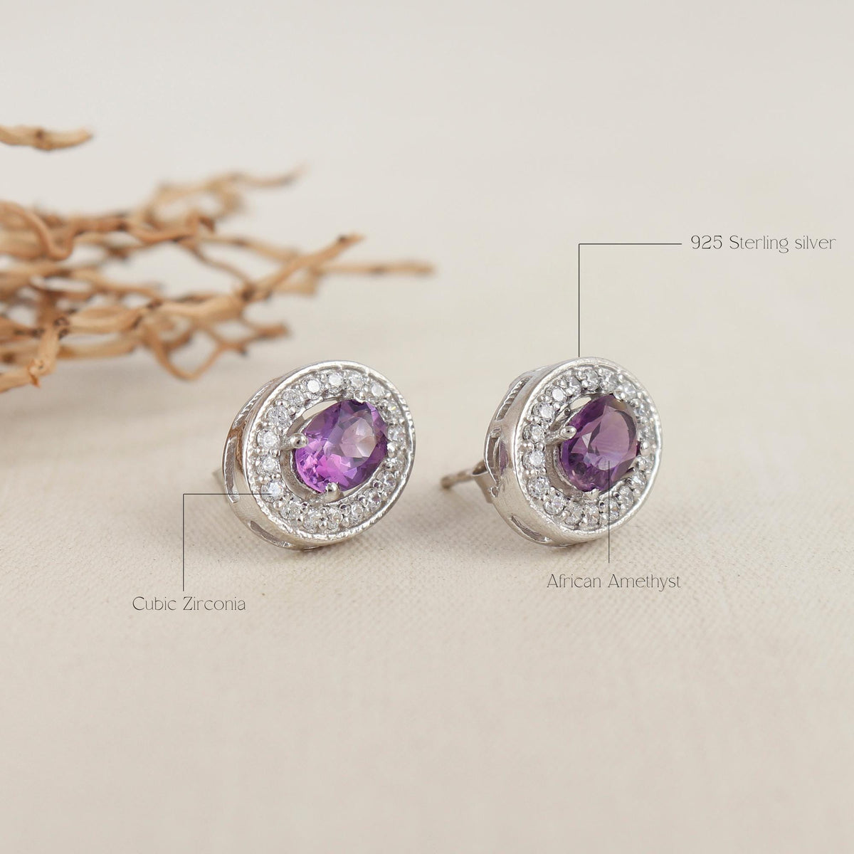 African Amethyst Sterling Silver Stud Earrings: CZ Diamond Halo