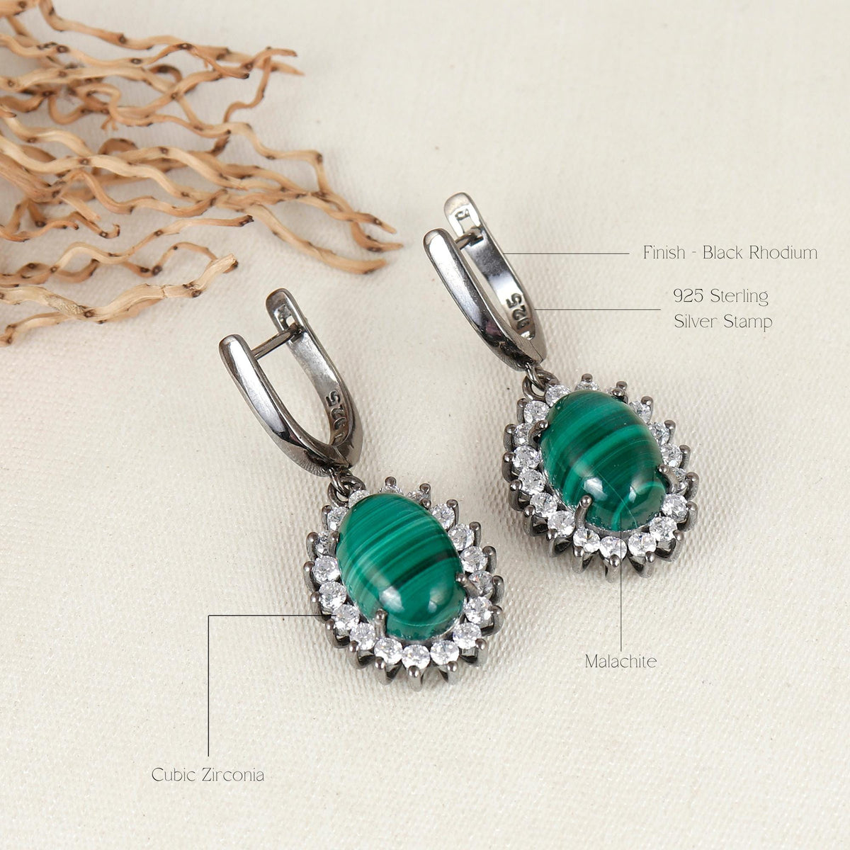 Malachite CZ Sterling Silver Hoop Earrings: Handmade Statement Jewelry