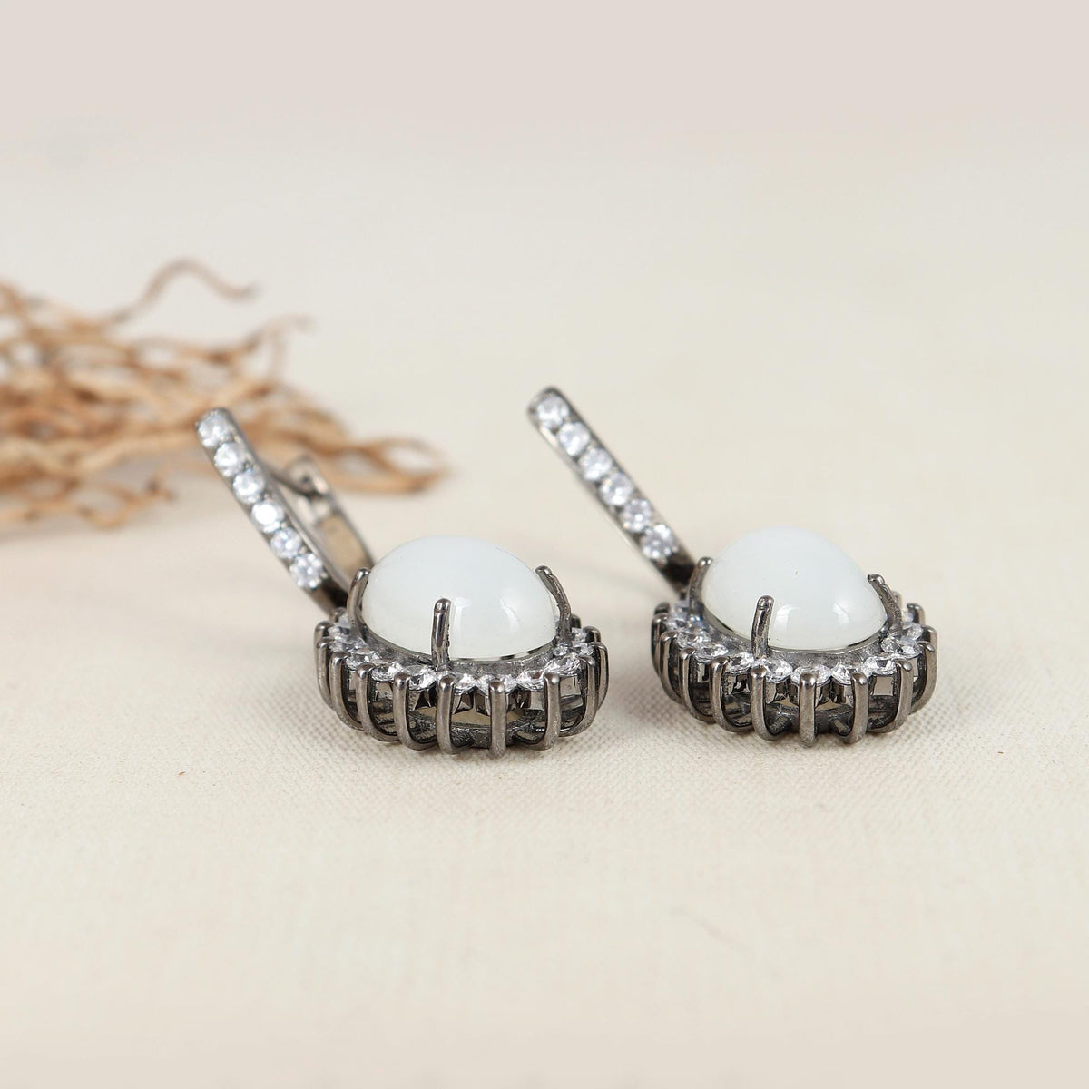 Natural Moonstone Gemstone Sterling Silver Handmade Heggie Dangle Earrings - June Birthstone