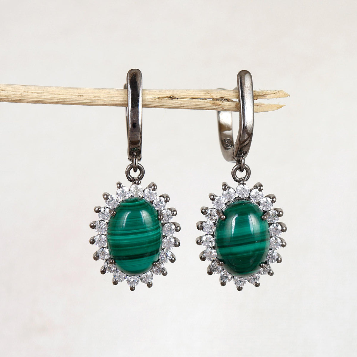 Malachite CZ Sterling Silver Hoop Earrings: Handmade Statement Jewelry