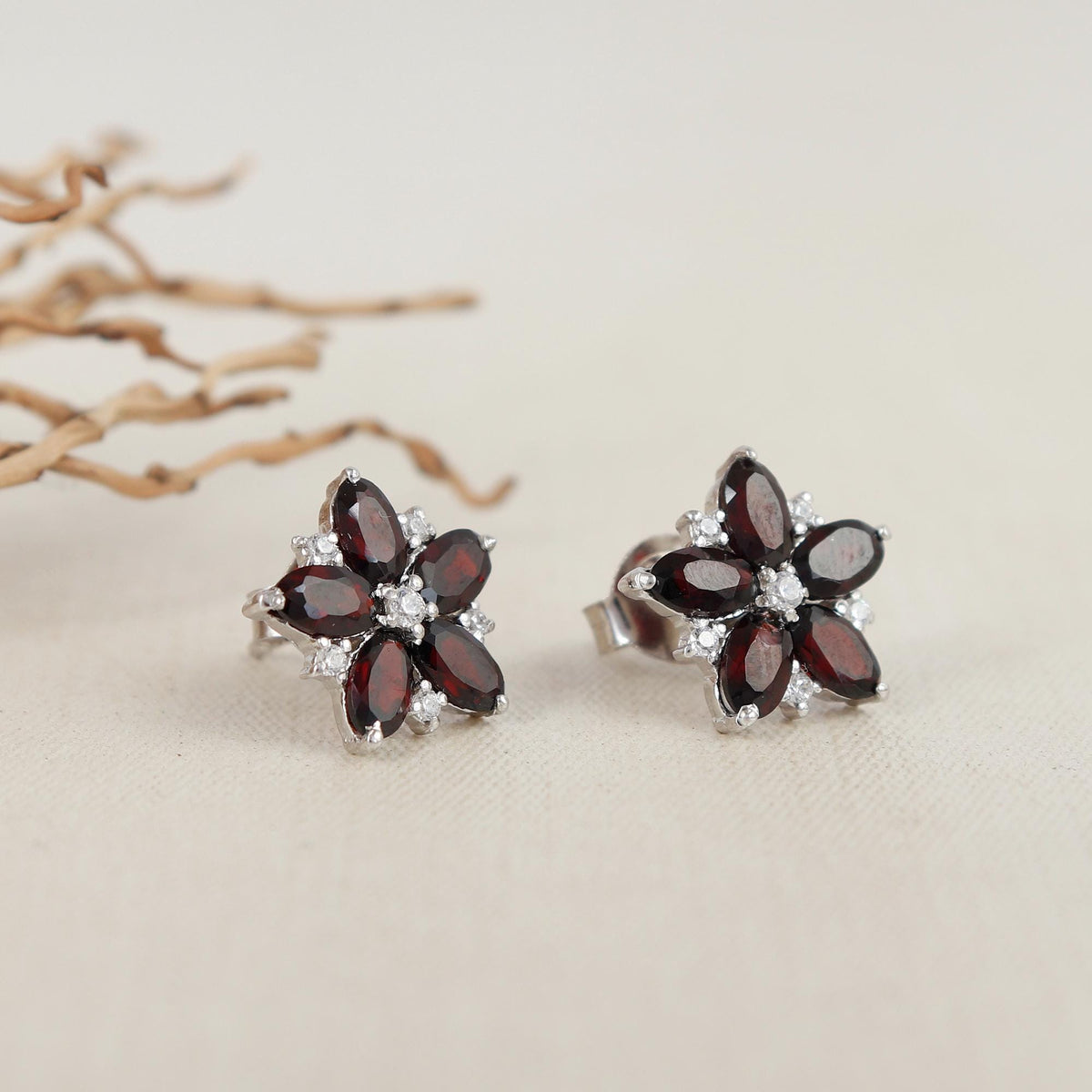 Garnet Flower Stud Earrings: 925 Sterling Silver, January Birthstone