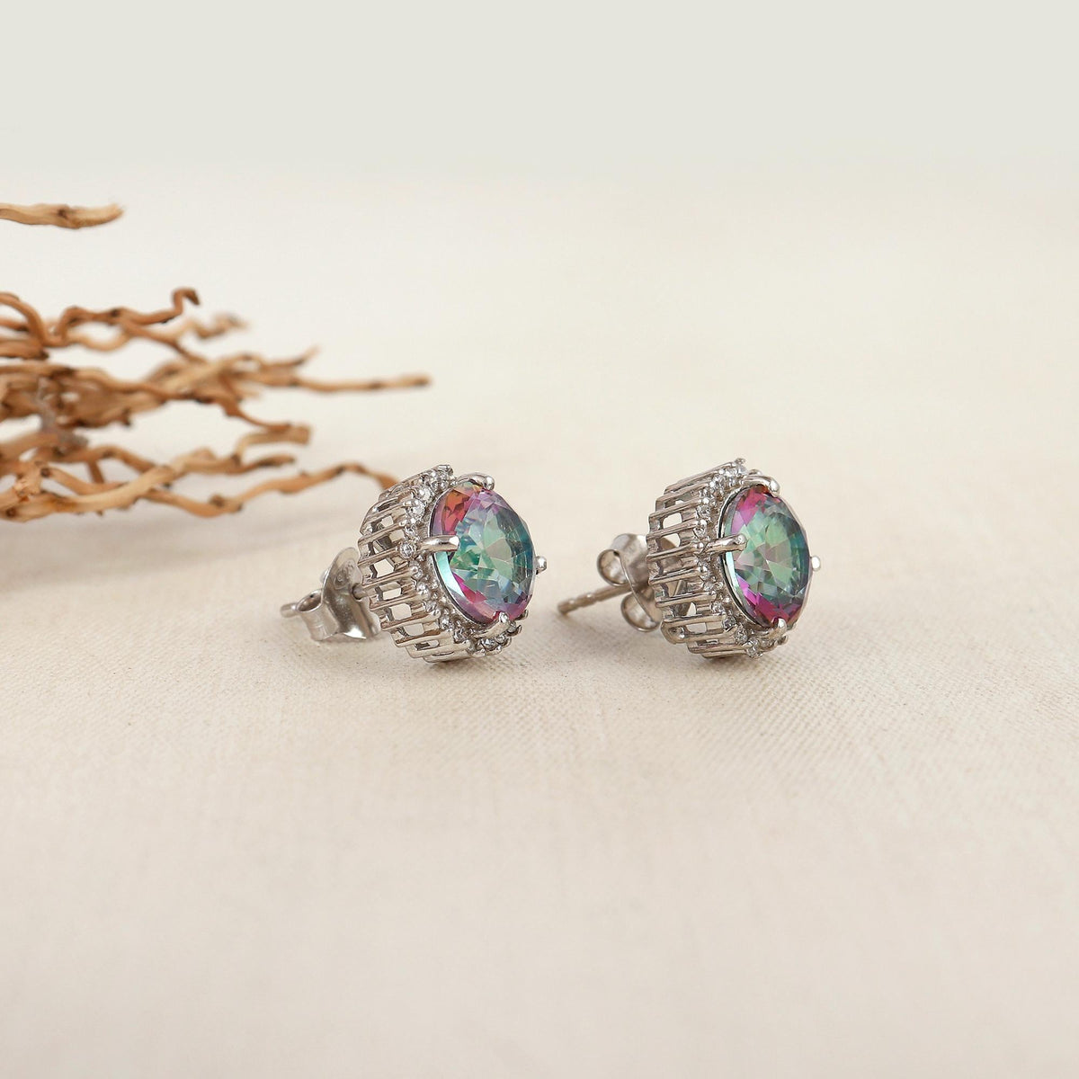 Mystic Quartz Stud Earrings: 925 Sterling Silver, April Birthstone