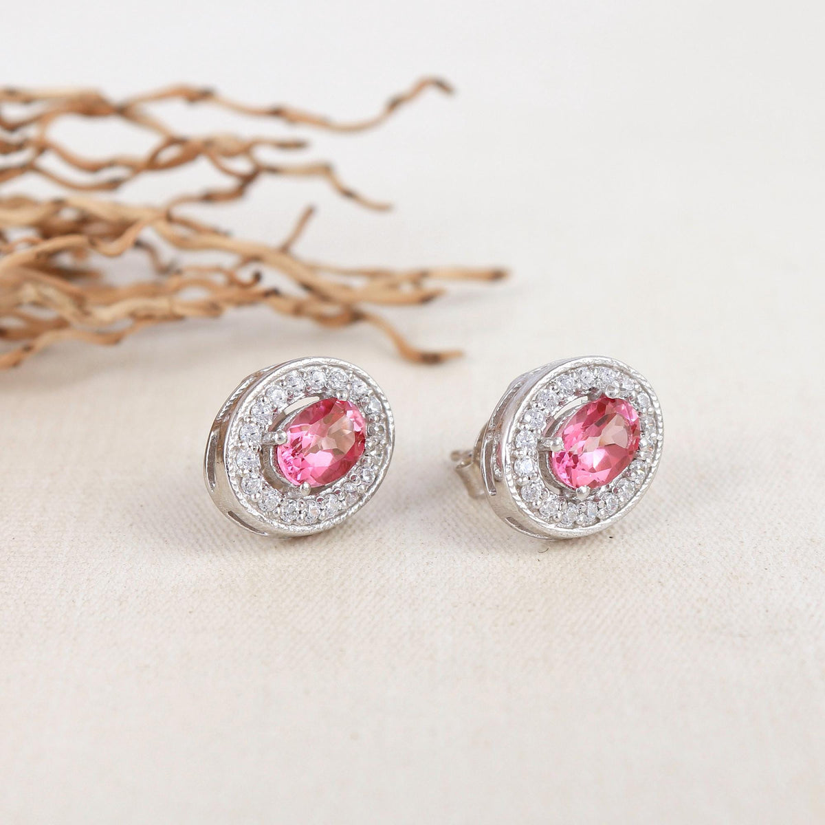 Pink Topaz Sterling Silver Halo Earrings: October Birthstone