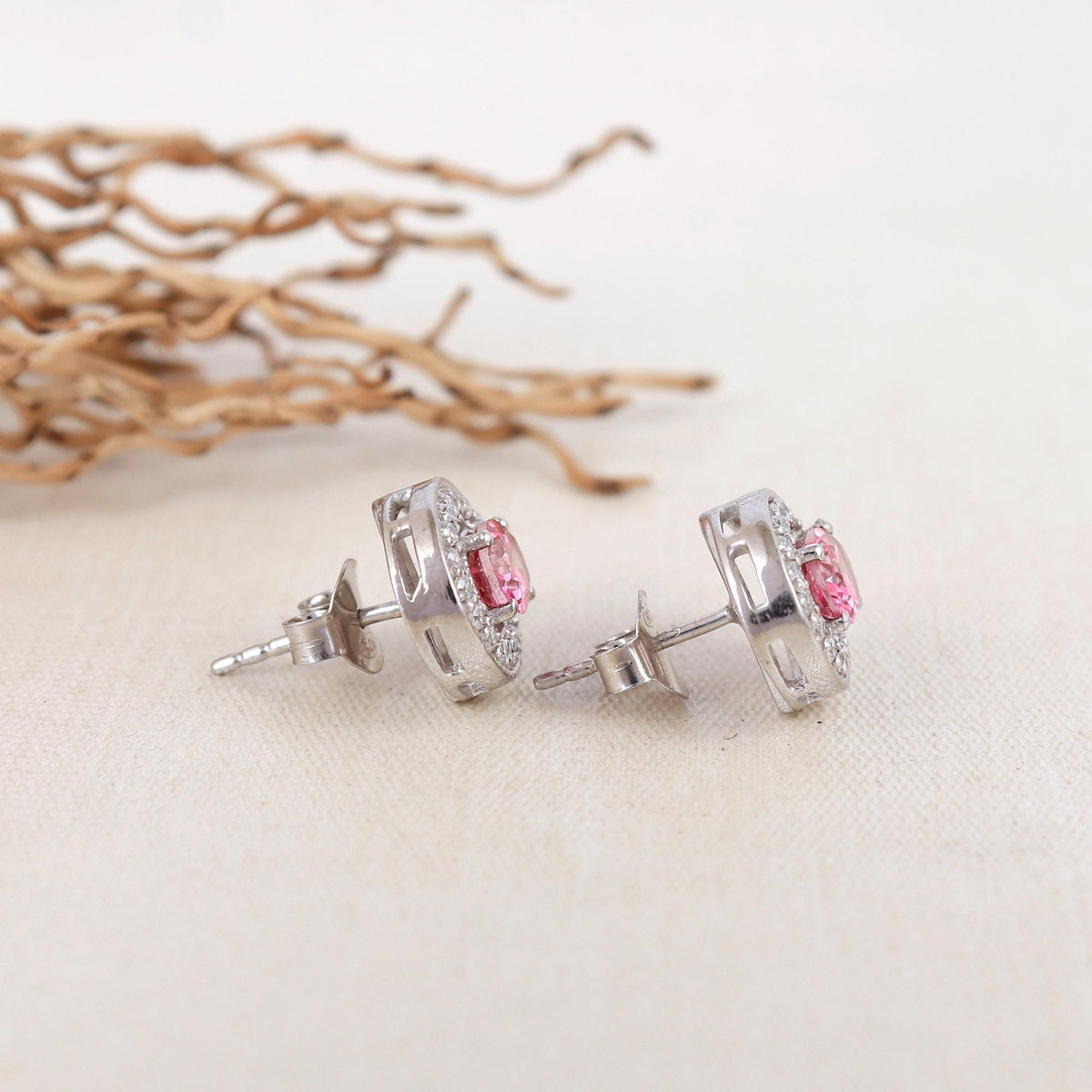 Pink Topaz Sterling Silver Halo Earrings: October Birthstone