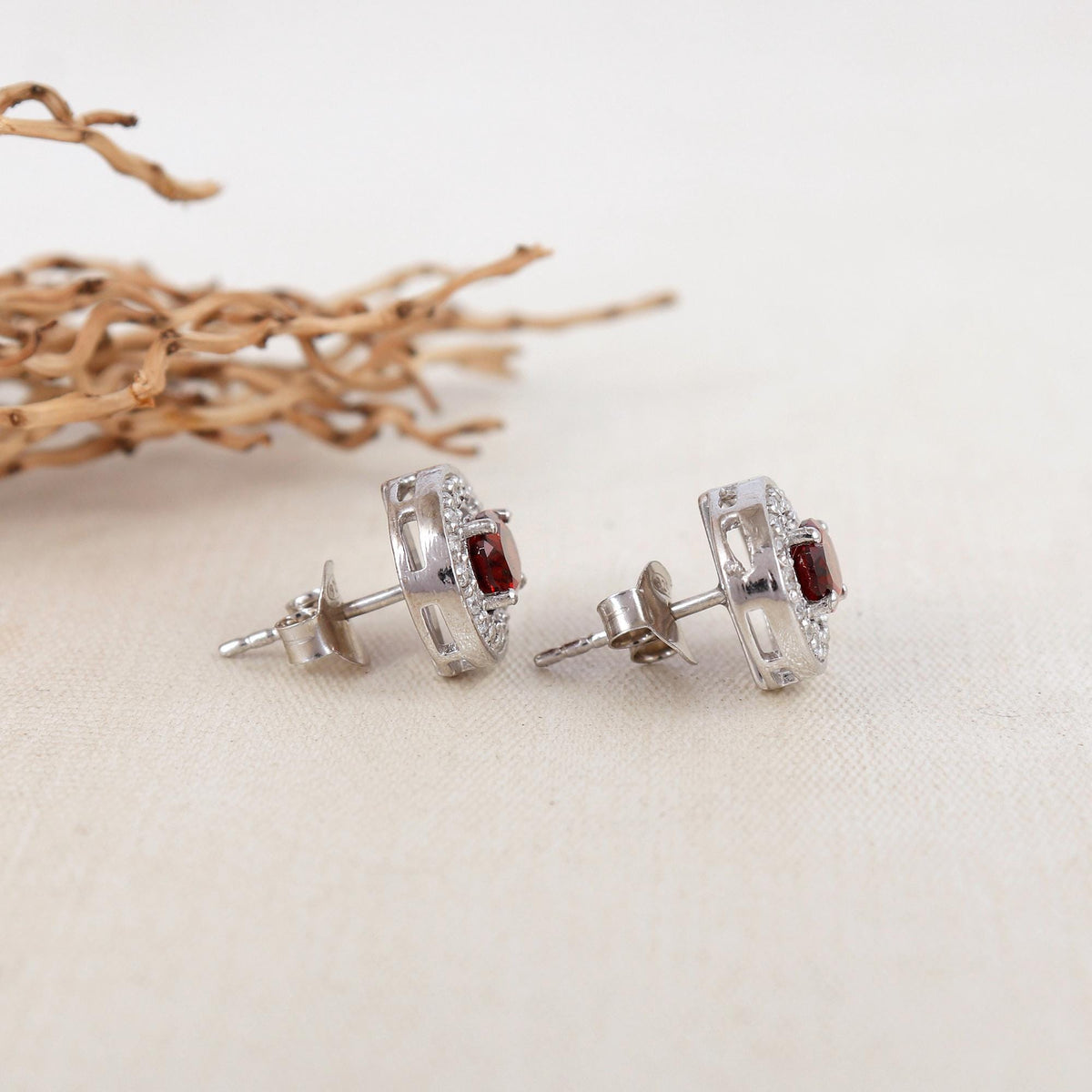 Oval Garnet Sterling Silver Earrings: CZ Diamond Halo, Gift for Her