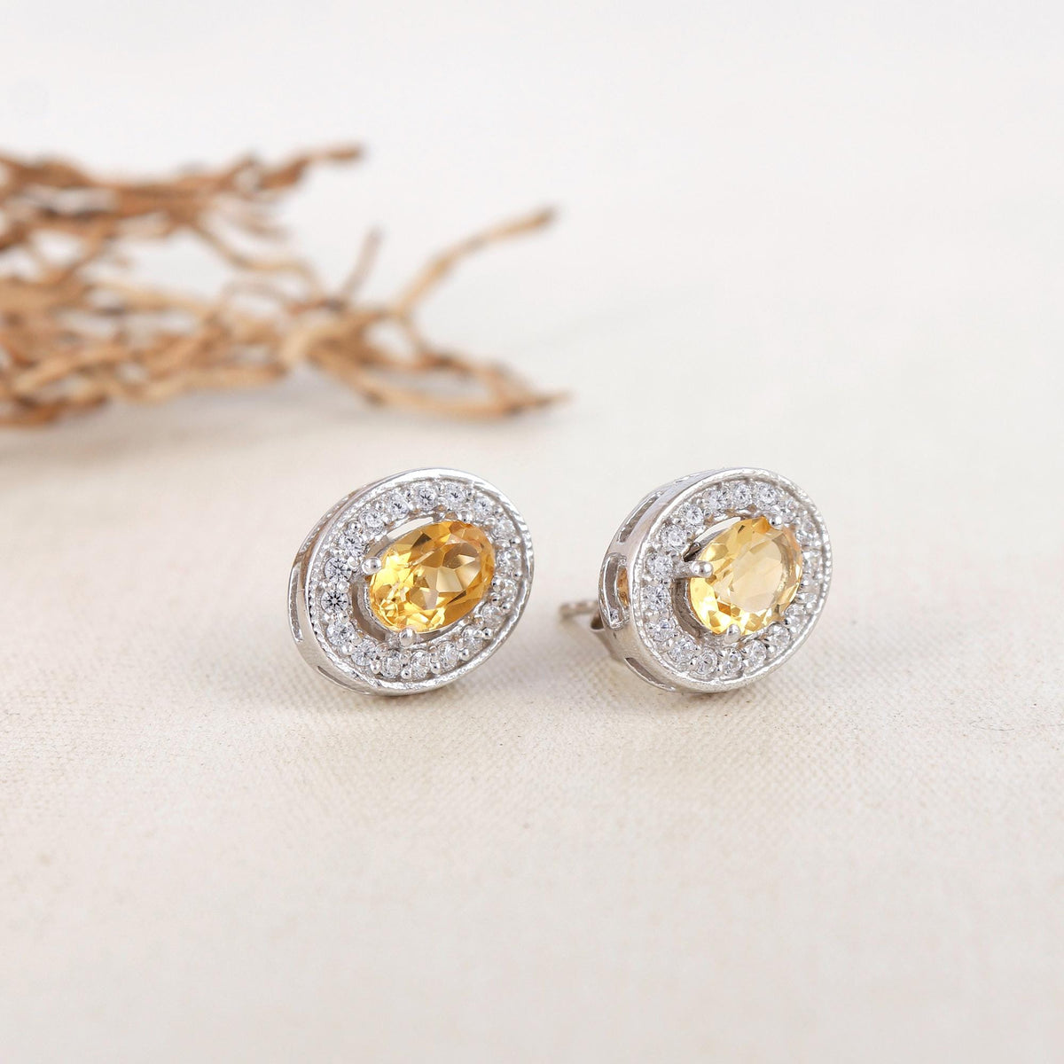 Citrine Sterling Silver Earrings: Oval Halo, November Birthstone