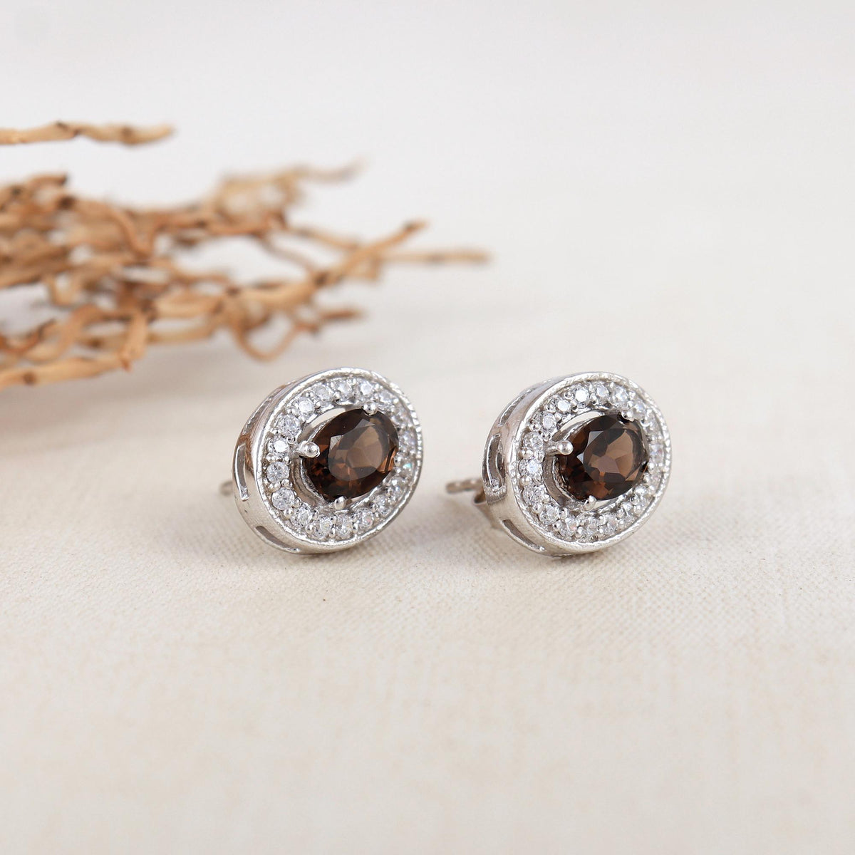 Smokey Quartz Sterling Silver Earrings: Oval Halo, Minimalist Jewelry