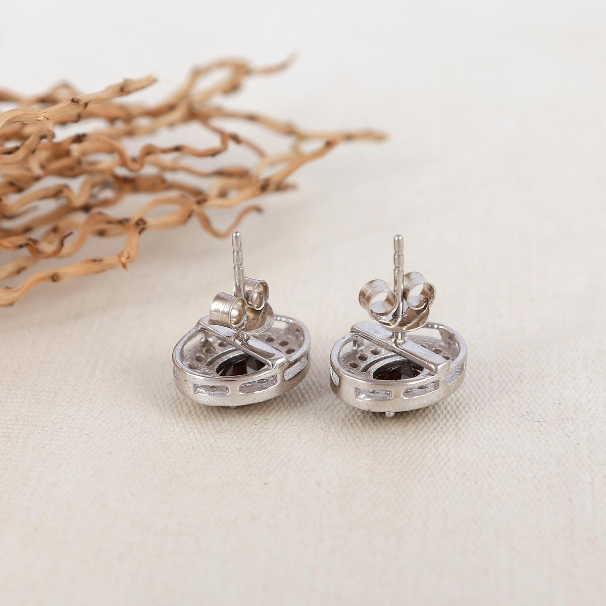 Smokey Quartz Sterling Silver Earrings: Oval Halo, Minimalist Jewelry