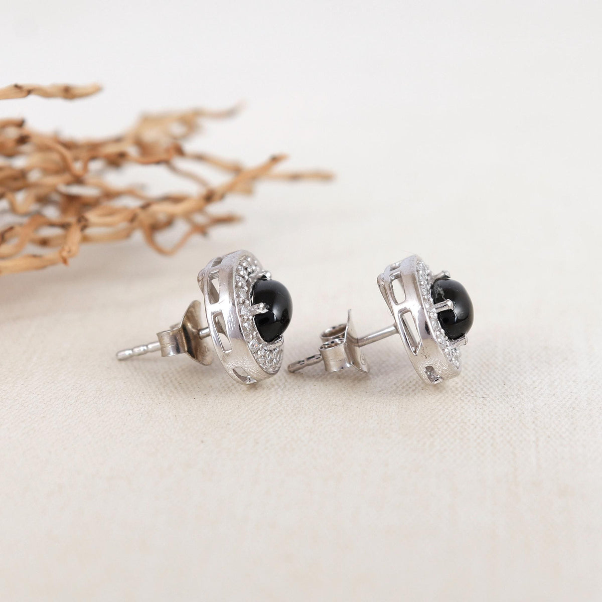Black Star Silver Earrings: Oval Gemstone, CZ Halo, Sterling Silver