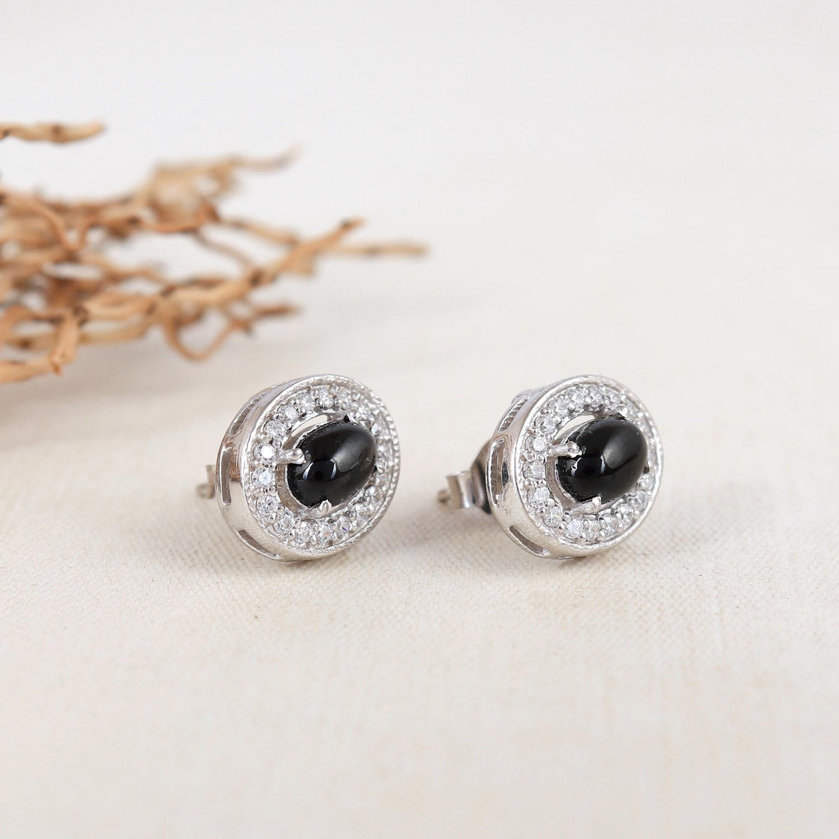 Black Star Silver Earrings: Oval Gemstone, CZ Halo, Sterling Silver