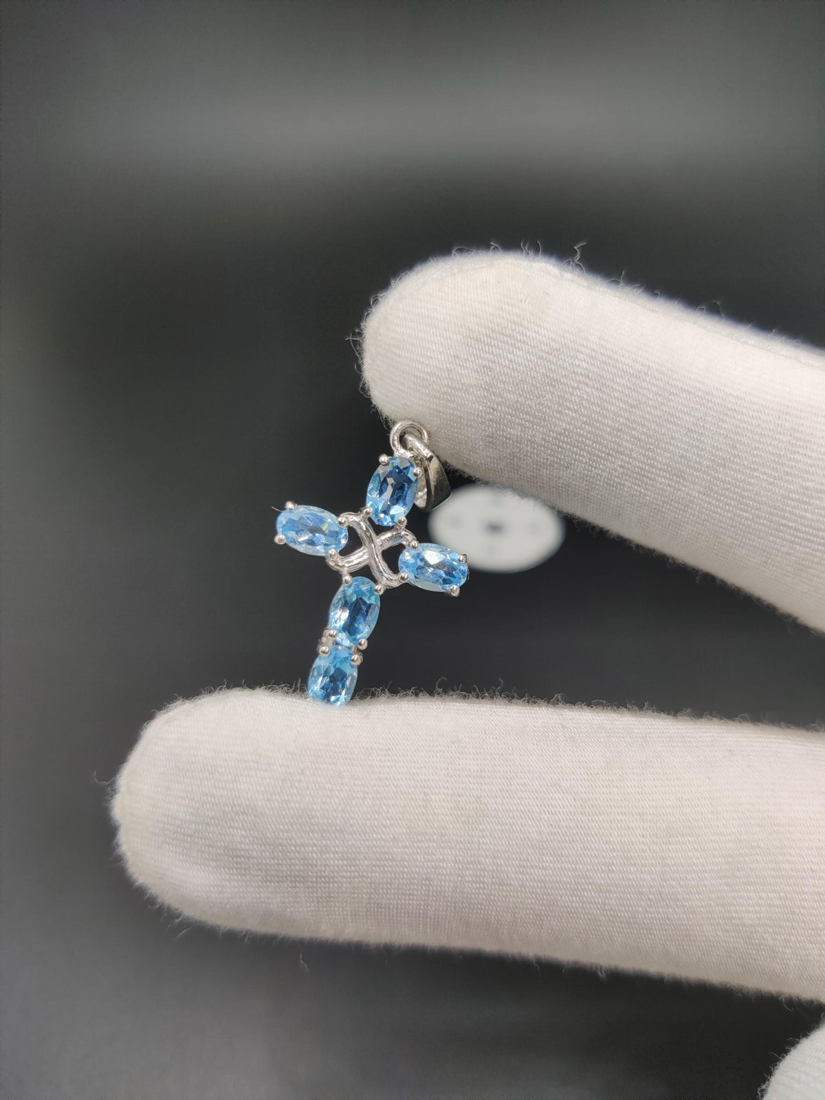 Art Deco Swiss Blue Topaz Sterling Silver Cross Pendant - December Birthstone