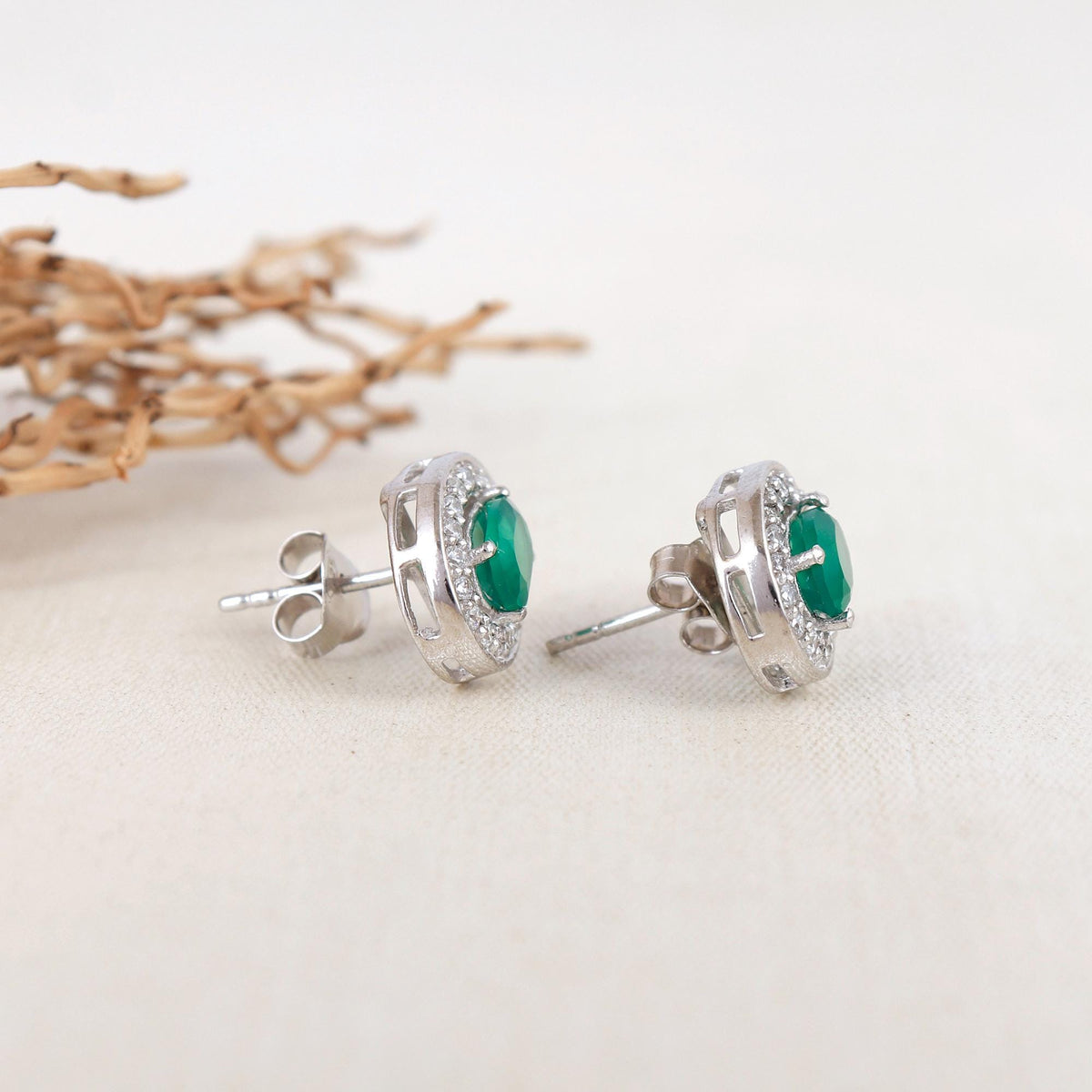 Green Onyx Sterling Silver Earrings: CZ Diamond Halo, Oval Studs