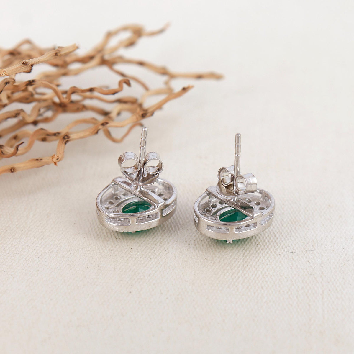 Green Onyx Sterling Silver Earrings: CZ Diamond Halo, Oval Studs