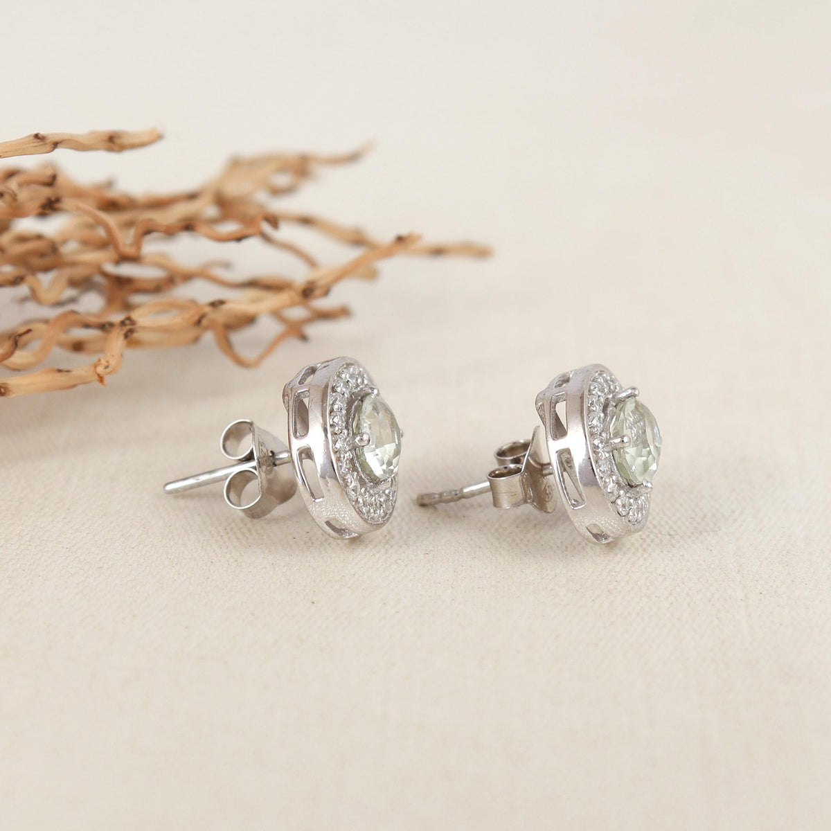 Green Amethyst Sterling Silver Earrings: Oval Halo Studs