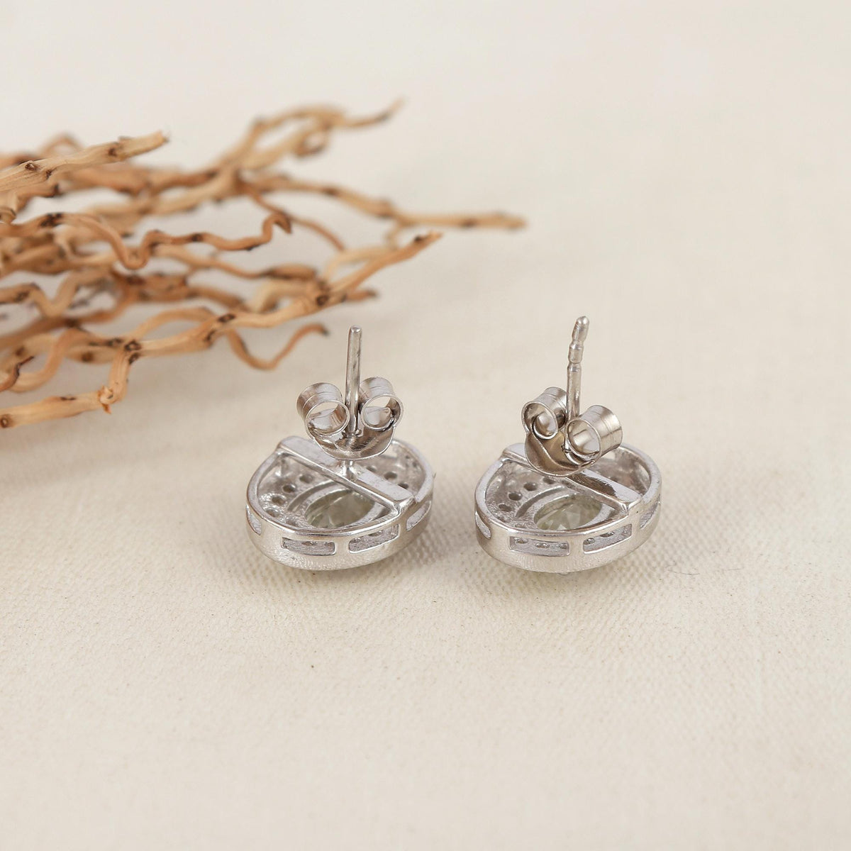 Green Amethyst Sterling Silver Earrings: Oval Halo Studs