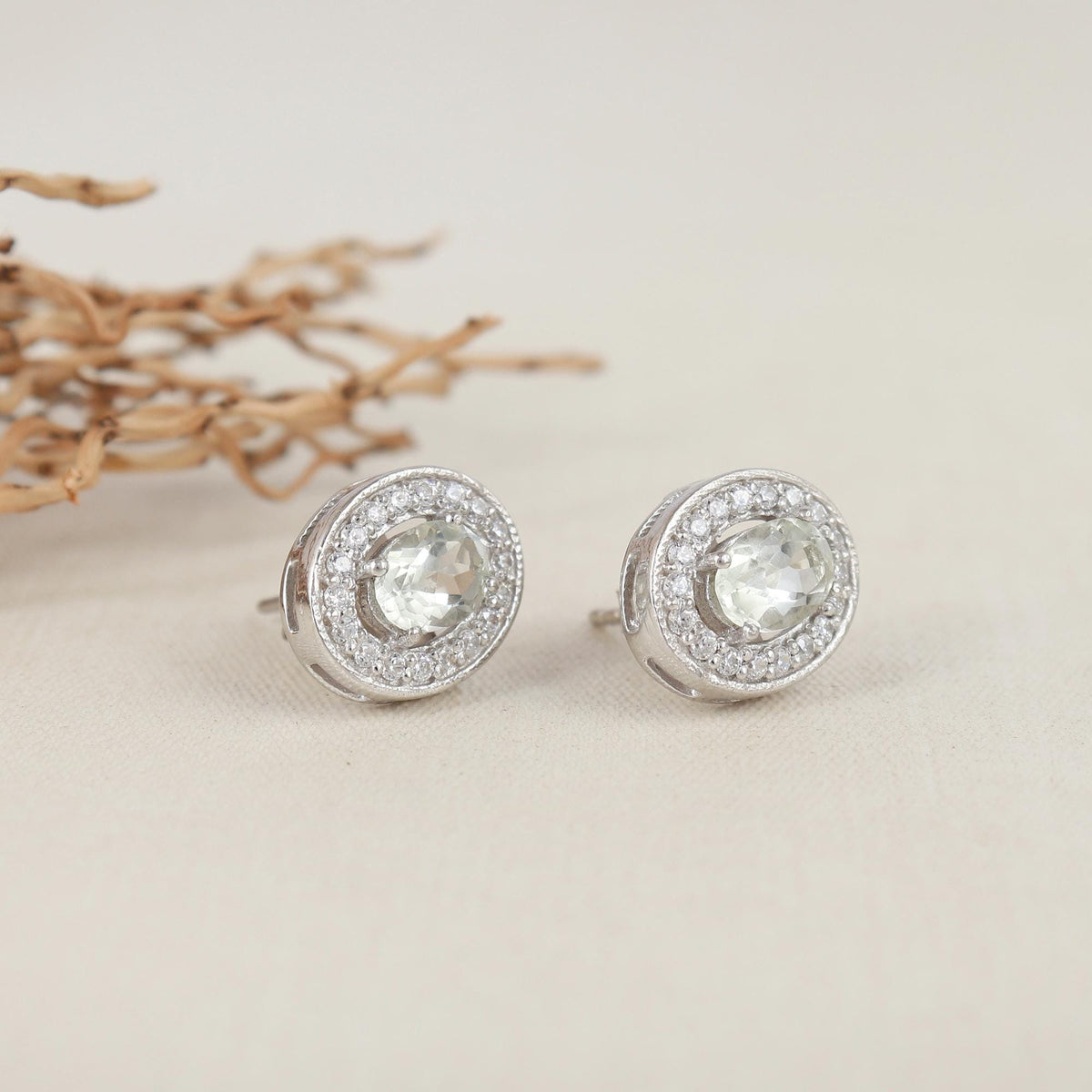 Green Amethyst Sterling Silver Earrings: Oval Halo Studs