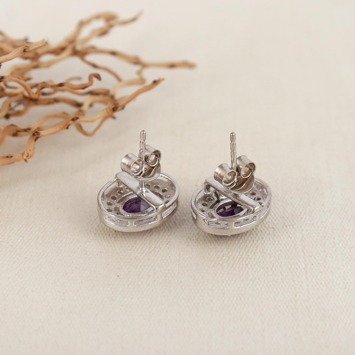 African Amethyst Sterling Silver Stud Earrings: CZ Diamond Halo