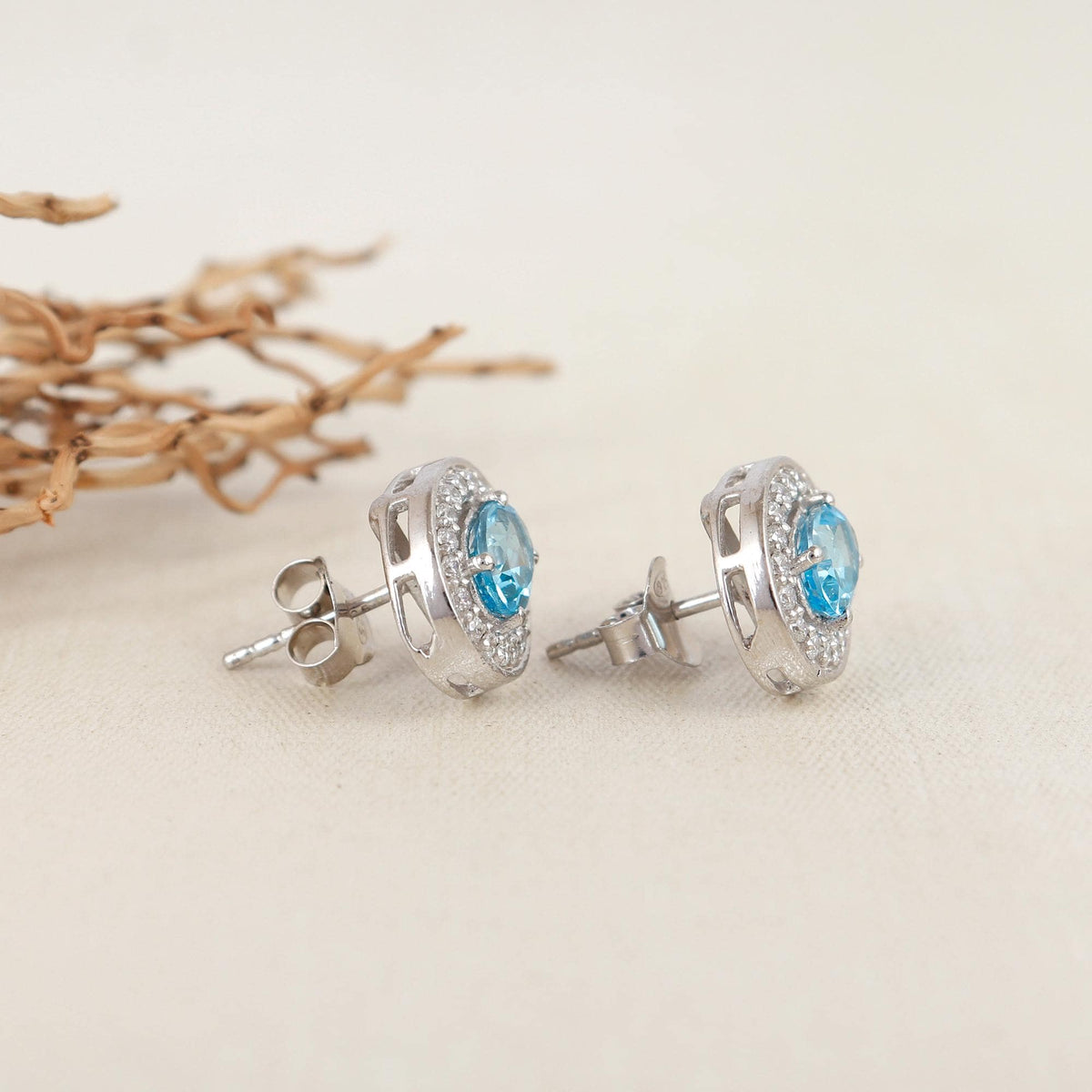 Oval Swiss Blue Topaz Sterling Silver Earrings, CZ Diamond Halo