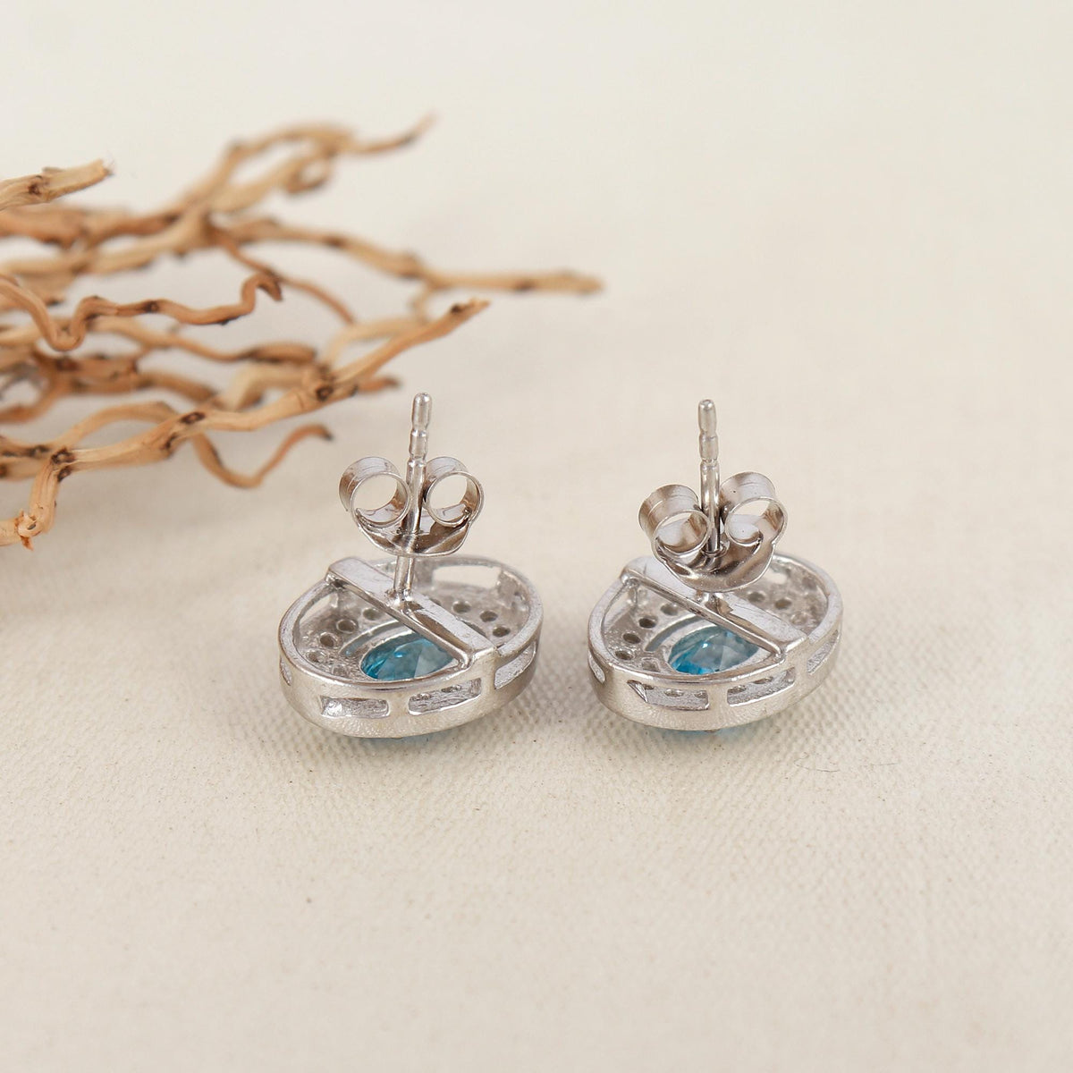 Oval Swiss Blue Topaz Sterling Silver Earrings, CZ Diamond Halo