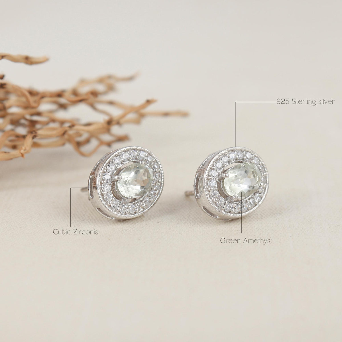 Green Amethyst Sterling Silver Earrings: Oval Halo Studs